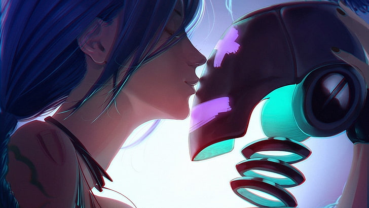 blue haired female anime character, female anime character kissing robot heat illustration