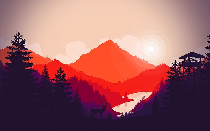 HD wallpaper: trees, mountains, lake, vector, deer, silhouette, tower ...