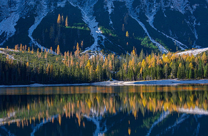 autumn, forest, mountains, lake, reflection, Italy, The Dolomites, HD wallpaper