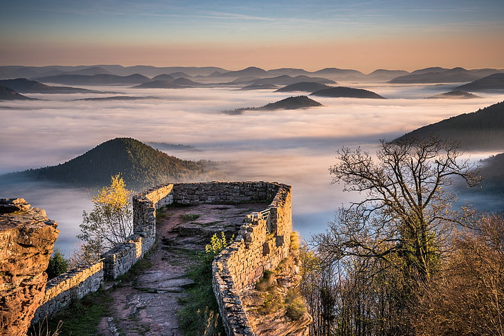 castle, fog, fortress, germany, hills, mountains, pfalz, view