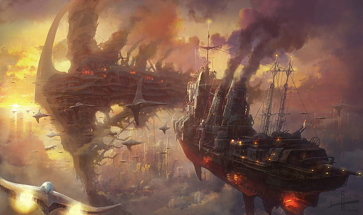 pirate ship illustration, fantasy art, steampunk, sailing ship