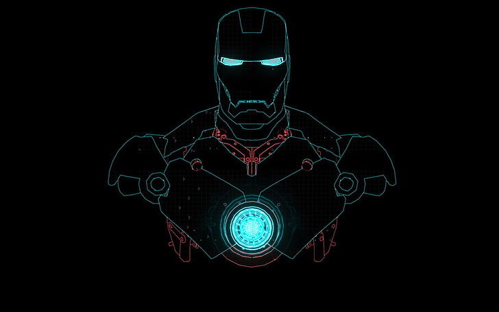 Iron Man, blueprints, technology, black background, illuminated