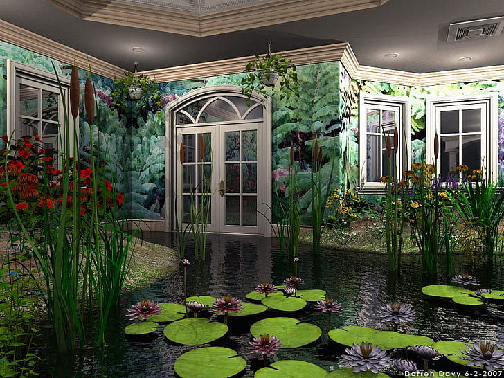 the greenhouse Abstract cattails Door flowers Green indoor lily pads nature plants Water windows HD, HD wallpaper