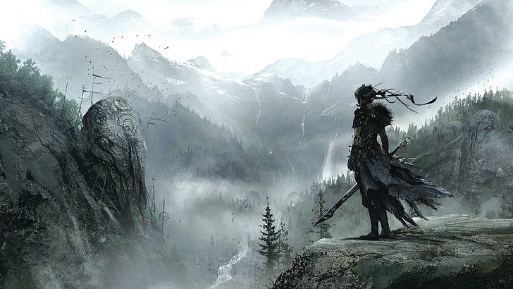 warrior holding sword illustration, video games, Hellblade, looking into the distance