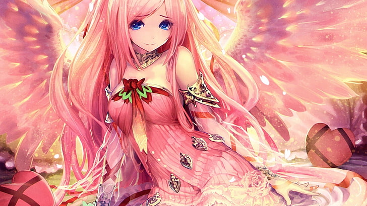 artwork, anime girls, long hair, wings, pink hair, blue eyes