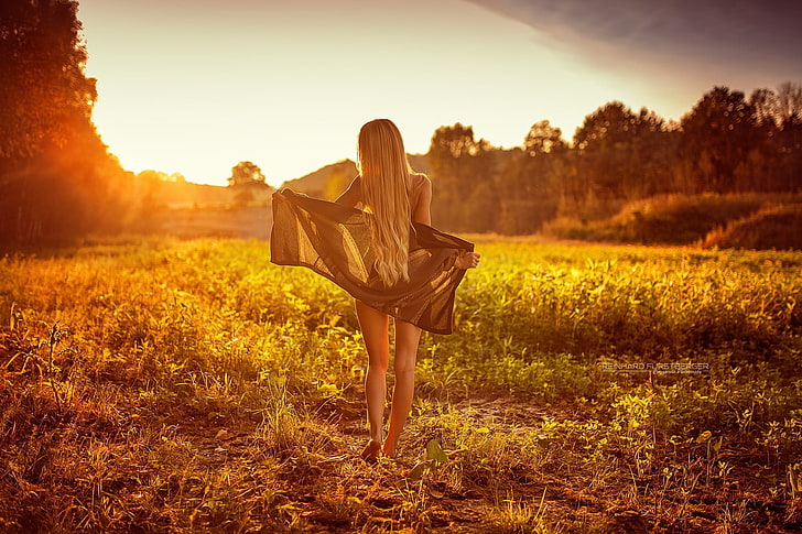 woman in black cover on field during orange sunset, women, blonde, HD wallpaper