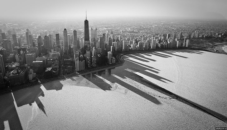 grayscale photo of buildings, Chicago, cityscape, shadow, skyline, HD wallpaper