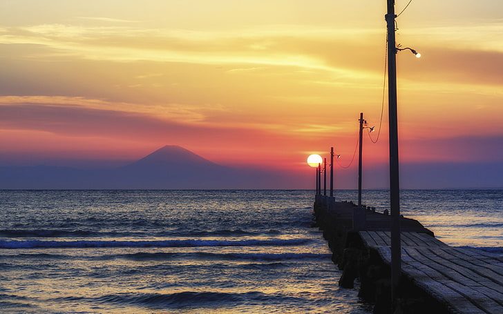 Haraoka Coast Chiba Japan Sunset Orange Red Sky Mountain Fuji Wooden Platform Port Desktop Wallpaper Hd For Mobile Phones And Laptops 3840×2400, HD wallpaper