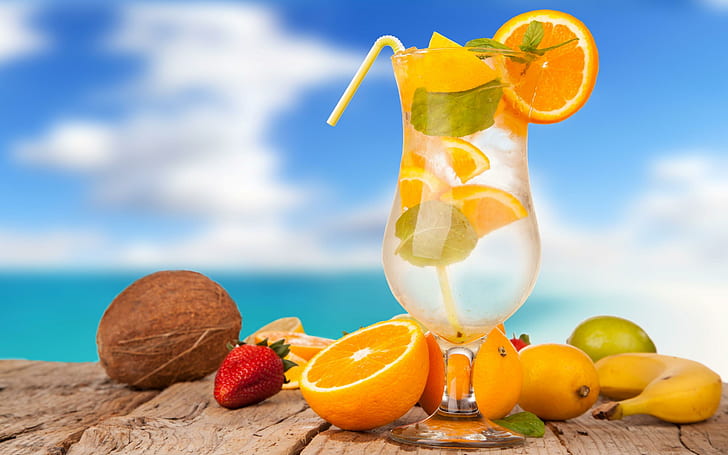 Fruits cocktail, orange, lemon, coconut, banana, HD wallpaper
