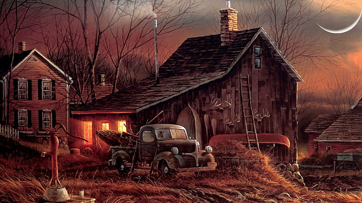 Harvest Home, pick up, chimney, smoke, fall, sunset, barn, house, HD wallpaper
