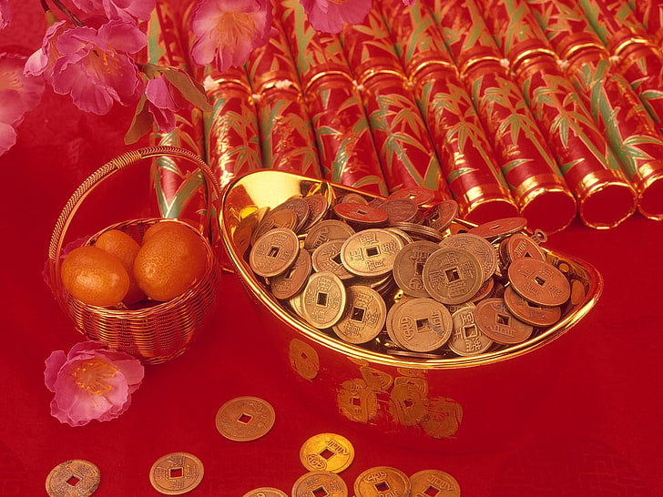 gold-colored coins, fabric, patterns, chinese coins, currency