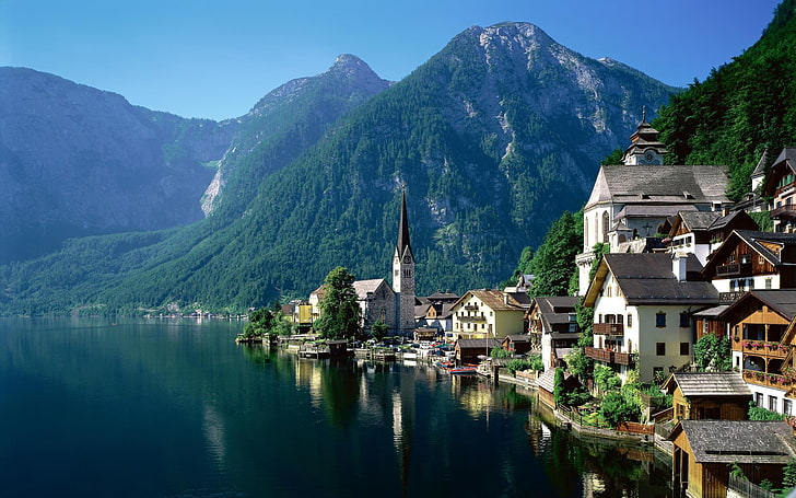 Austria, landscape, Hallstatt, lake, mountain, architecture, HD wallpaper