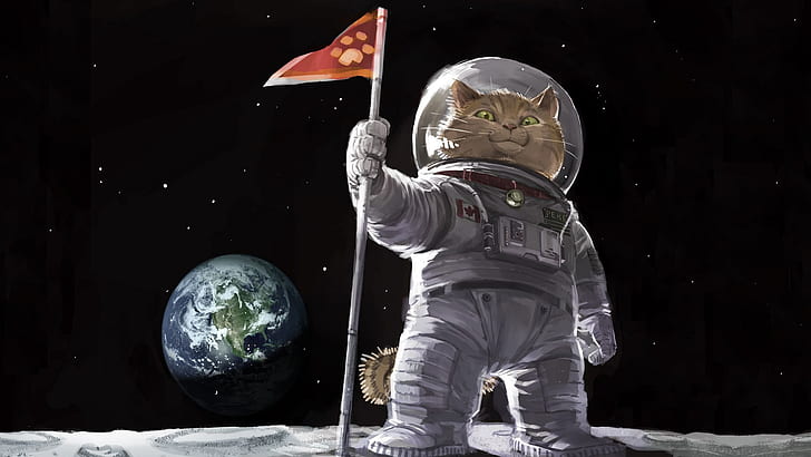 Moon, digital art, space, cat, flag, spacesuit, Earth