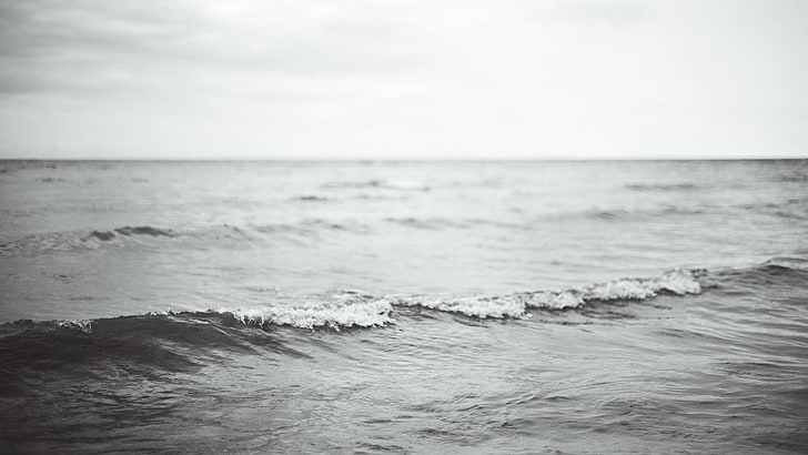 waves, depth of field, monochrome, sea, water, horizon, horizon over water