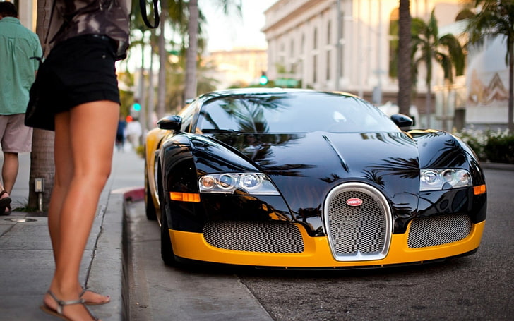 orange and black Bugatti Veyron, car, women, vehicle, city, Super Car, HD wallpaper