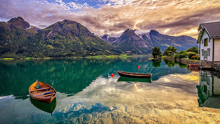fjord, lakeside, boats, house, europe, norway, sogn og fjordane, HD wallpaper