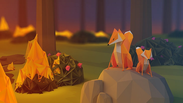 two fox vector art, fox origami 3D wallpaper, anime, poly, fire