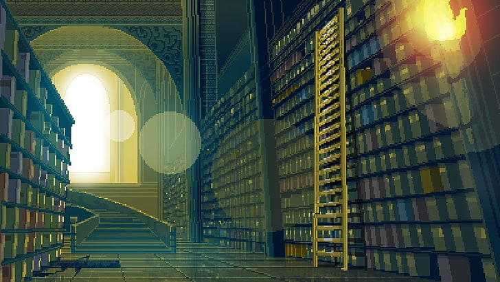 library illustration, pixels, ladders, pixel art, architecture, HD wallpaper