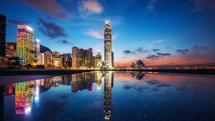 black high-rise building, city, city lights, skyscraper, Hong Kong, HD wallpaper