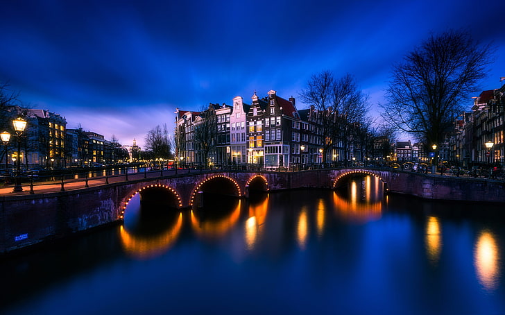 Amsterdam, night, Netherlands, bridge, reflection, lights, cityscape, HD wallpaper