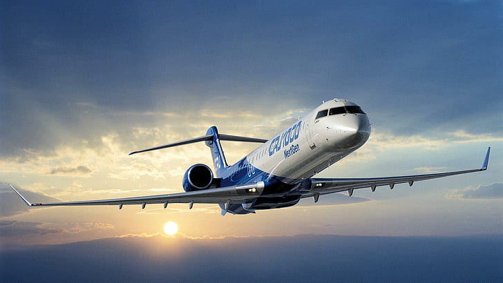 Bombardier Crj-1000 Next Gen, white and blue steel plane, airplane