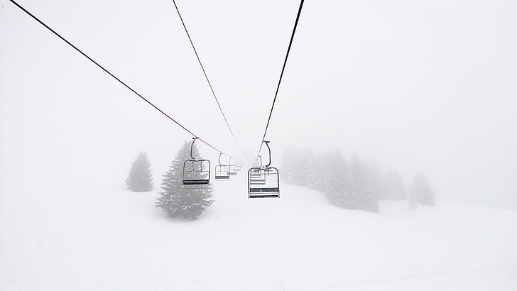 snow, ski lift, ski lifts, pine trees, HD wallpaper