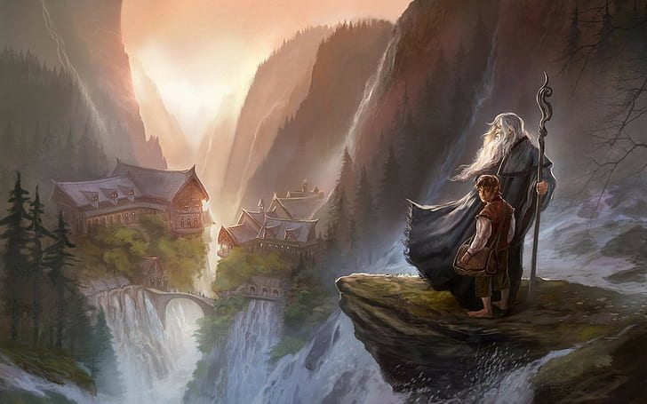 Bilbo Baggins, The Hobbit, digital art, painting, Gandalf, Rivendell, HD wallpaper