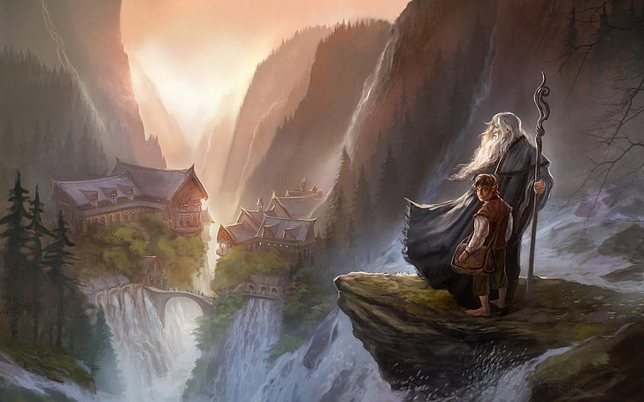 man holding rod on cliff digital wallpaper, The Lord of the Rings