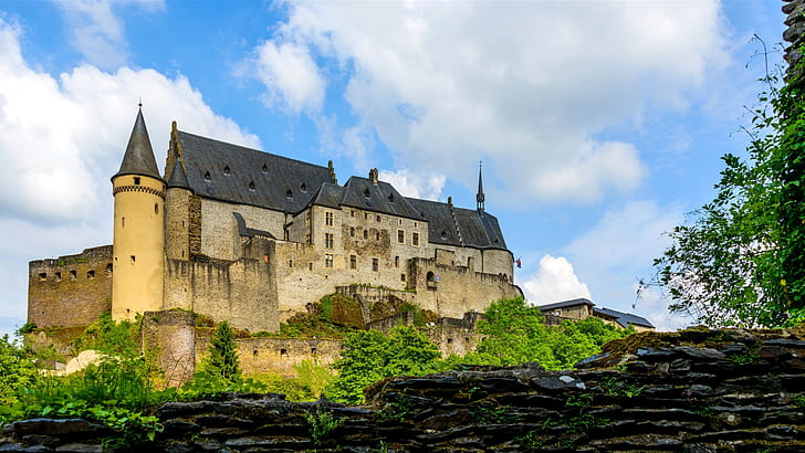 Luxembourg, Vianden Castle, clouds, HD wallpaper