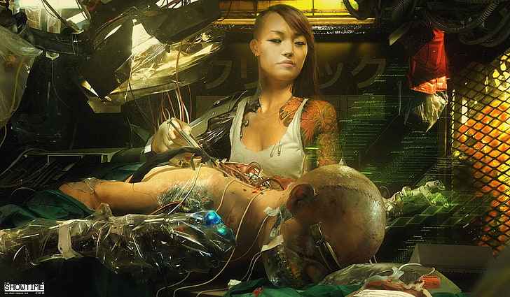 cyberpunk, tattoo, one person, women, indoors, beautiful woman
