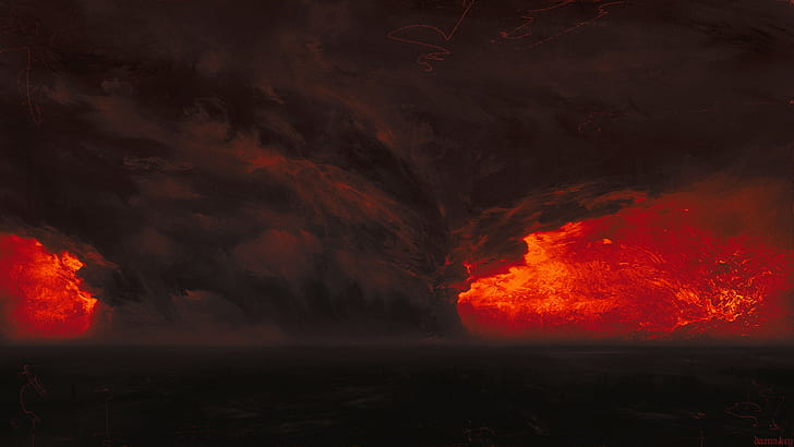 Daena Key, red background, dark, hurricane, artwork, storm