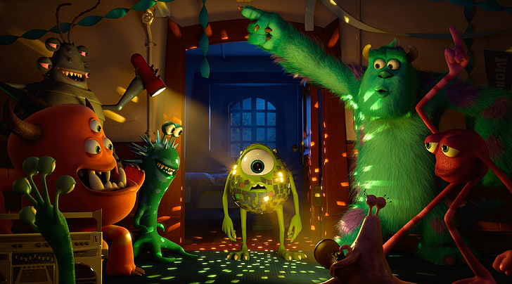 Monster University Party, Mike Wazowski and James P Sullivan Monster Inc. characters illustration
