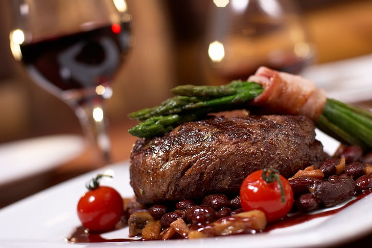 asparagus, wine, food, meat, BBQ, dish, dinner, beef, meal, steak, HD wallpaper