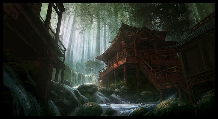 brown wooden shrine, Andree Wallin, Asia, forest, river, lake