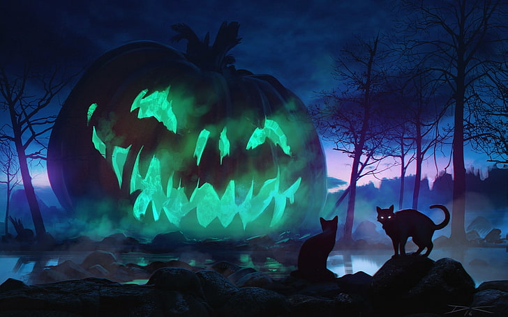 halloween, giant pumpkin, scary, cats, dark theme, forest, fog