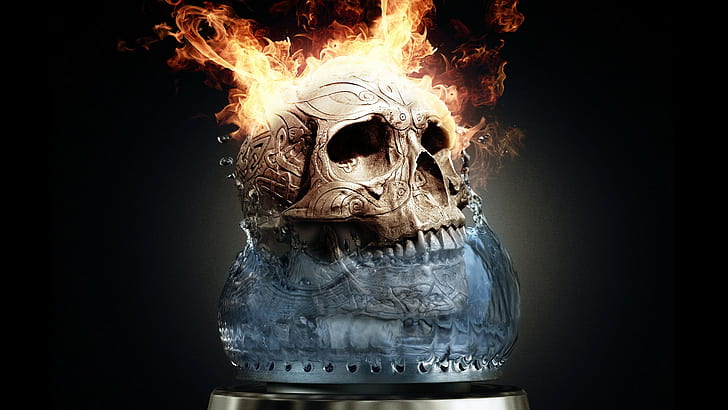 skull, fire, water