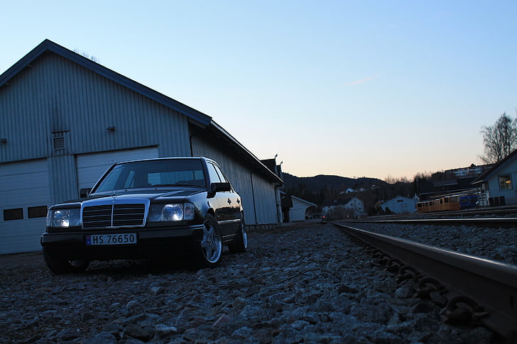 black sedan, Stance, Mercedes-Benz, Stanceworks, Norway, chrome, HD wallpaper