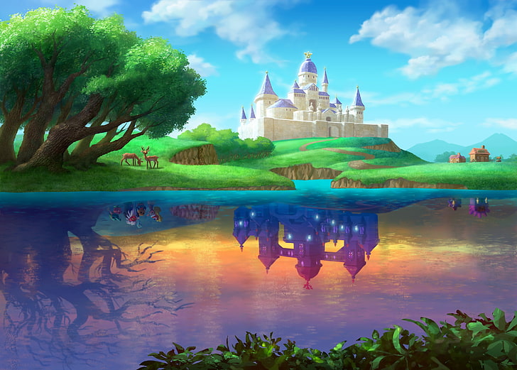 Disney movie castle digital wallpaper, splitting, elk, reflection