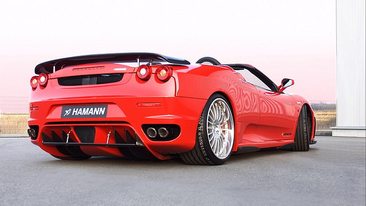 red and black car bed frame, Ferrari F430, red cars, vehicle, HD wallpaper