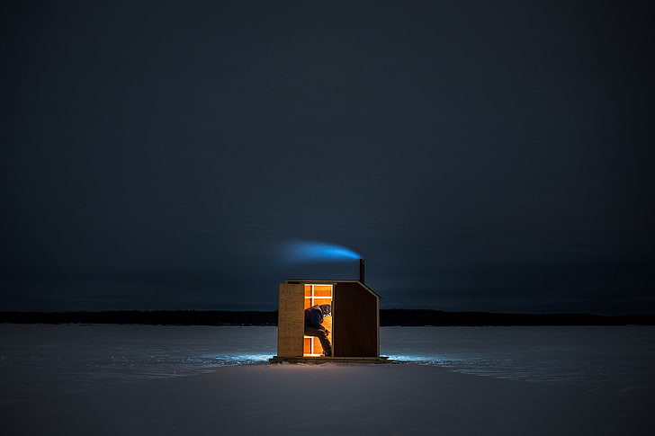 HD wallpaper: Alone, ice, Ice Fishing, landscape, night, People
