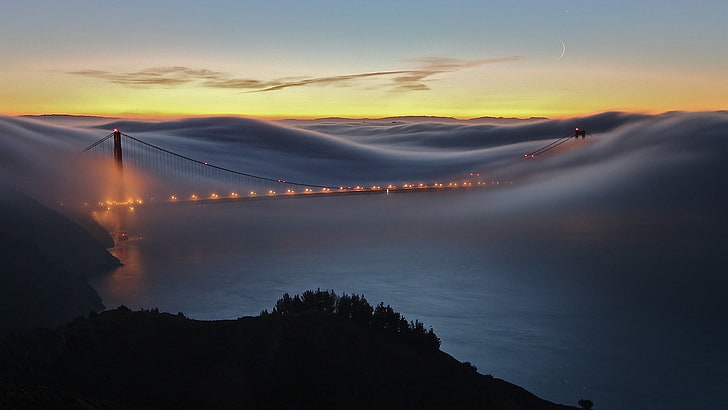 red steel bridge, cityscape, mist, Golden Gate Bridge, San Francisco