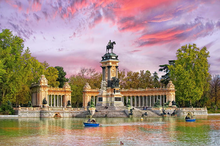 water, trees, Park, boat, monument, Spain, Madrid, Retiro, HD wallpaper