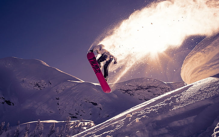 pink snowboard, snowboarding, sunlight, sport, flying, winter