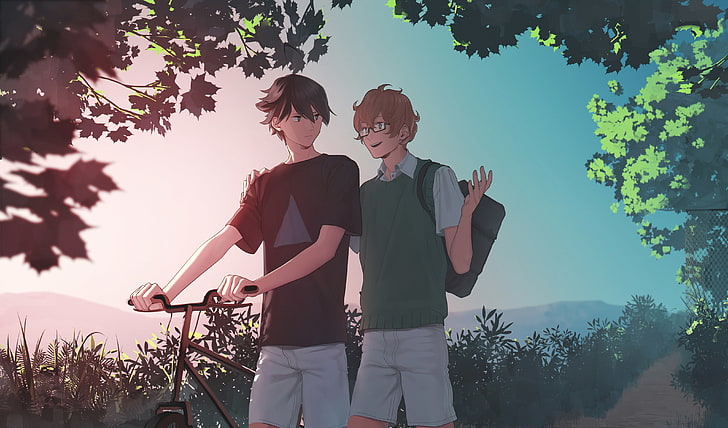 anime boys, friends, bicycle, walking, glasses, talking, tree, HD wallpaper