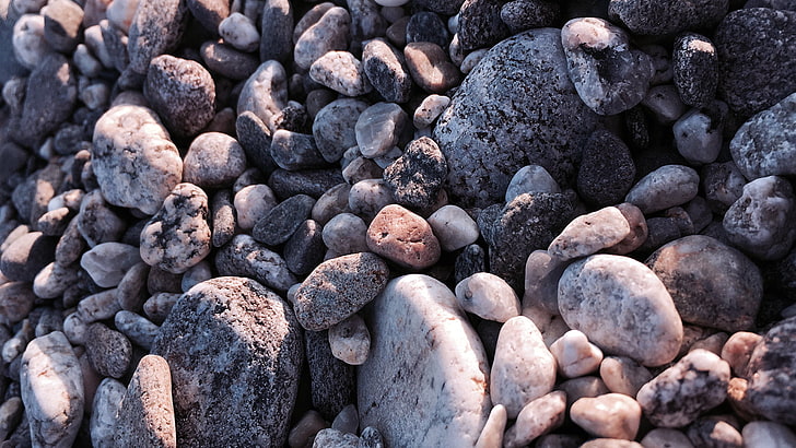assorted brown and black stones, beach, full frame, large group of objects