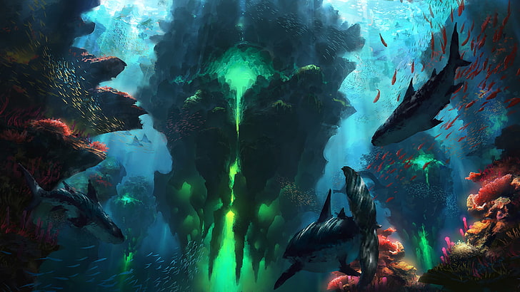 undersea life wallpaper, digital art, shark, underwater, fantasy art