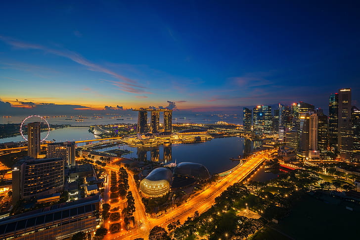 night, lights, skyscrapers, Singapore, architecture, megapolis