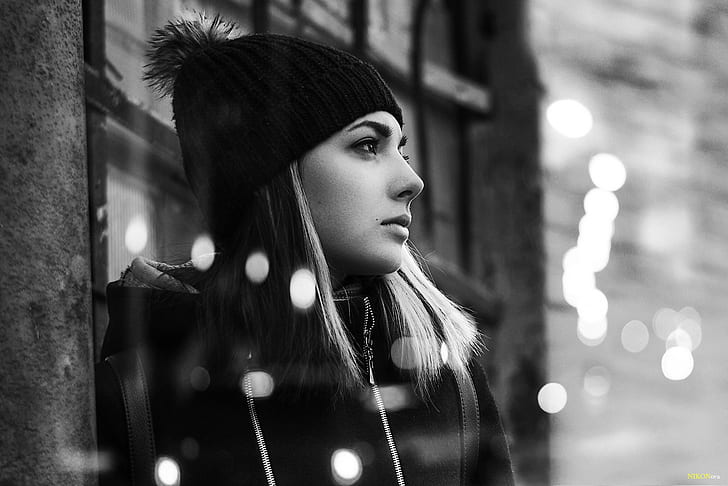 women, monochrome, profile, women with hats, looking into the distance