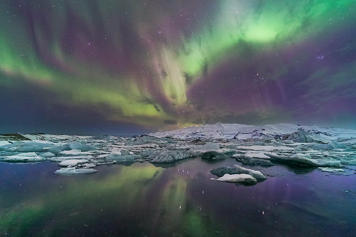 photography of the Northern Lights, Lagoon, Lightshow, Jökulsárlón, Iceland
