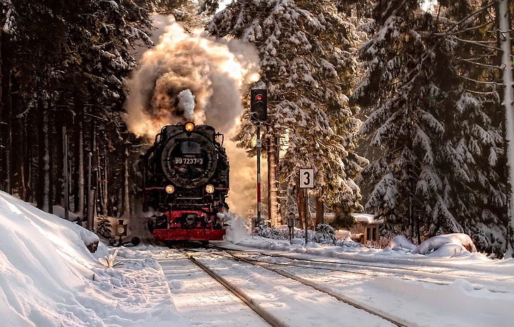 black and red steam locomotive train, winter, forest, snow, the engine